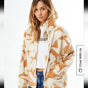 Billabong First Light Full Zip Jacket Cream And Tan Teddy With Floral Detail